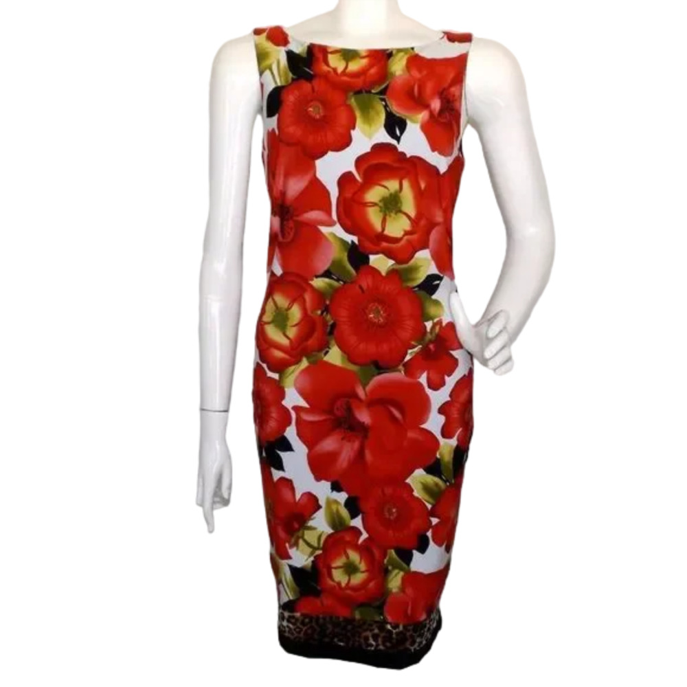 CACHE Dress, 4, Red Floral, Leopard band hem, Sleeveless, Wide Neck, Back zipper
